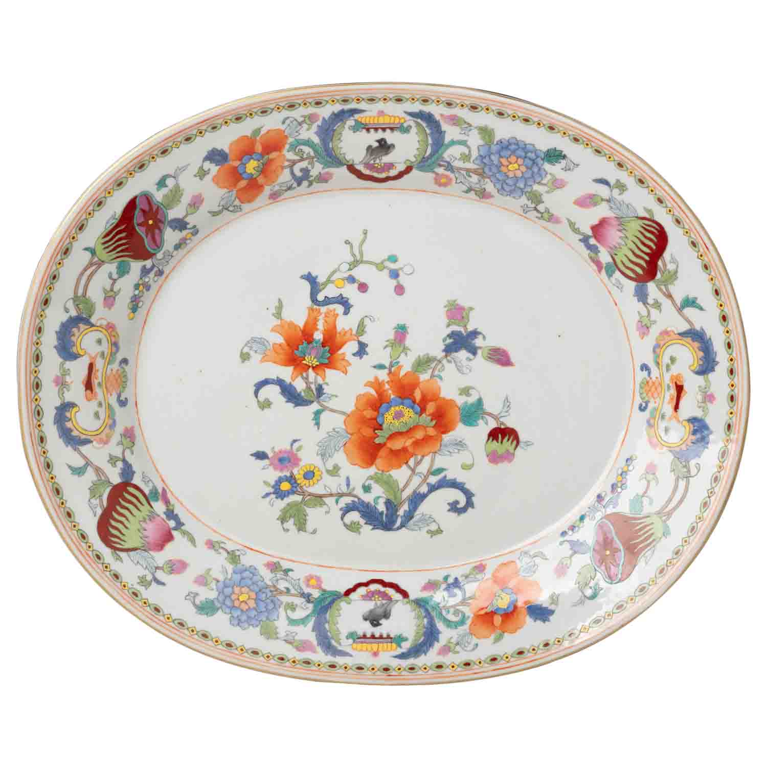 de Gournay Pompadour oval platter with famille rose flowers, 16 inch