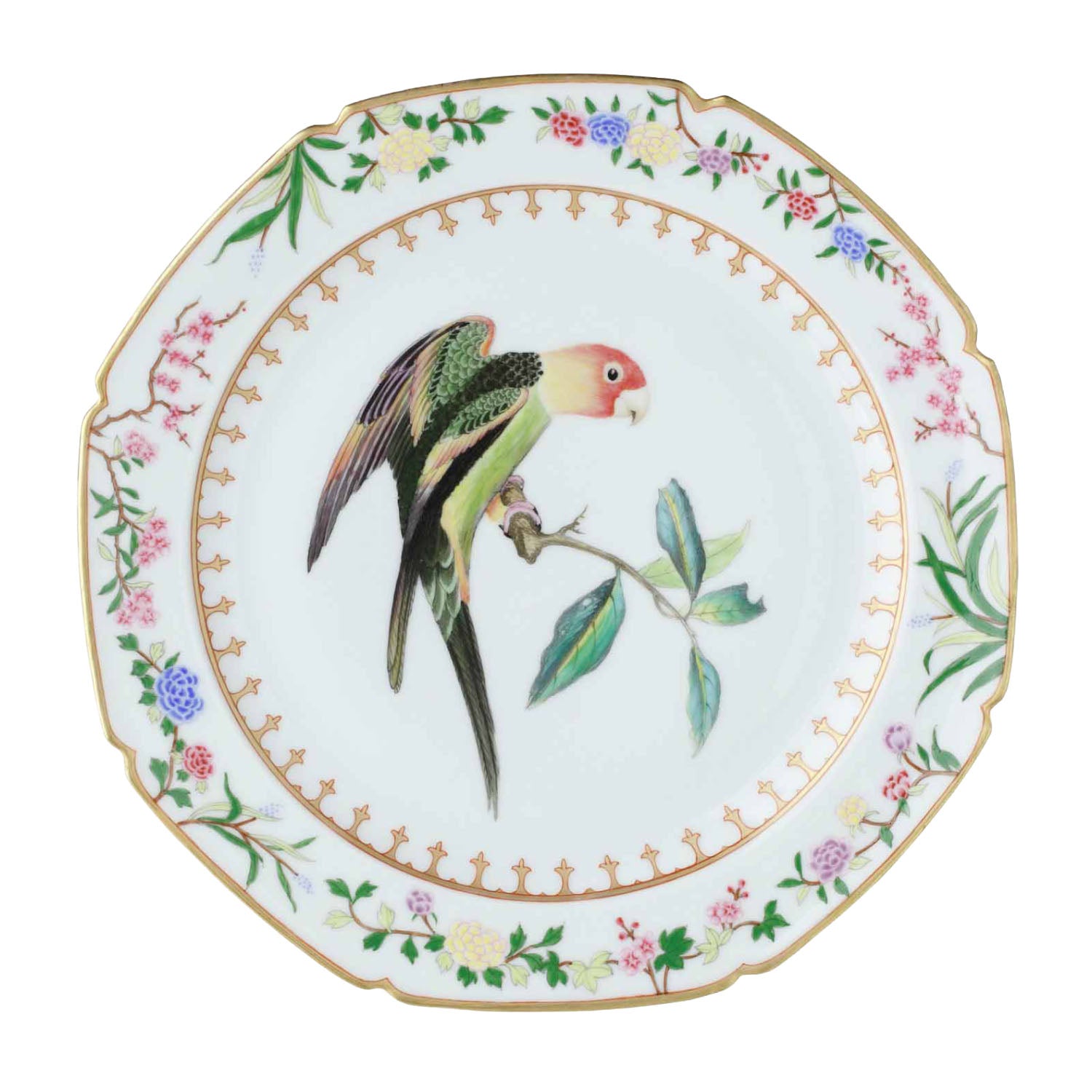 de Gournay Flora and Fauna dinner plate with lovebirds