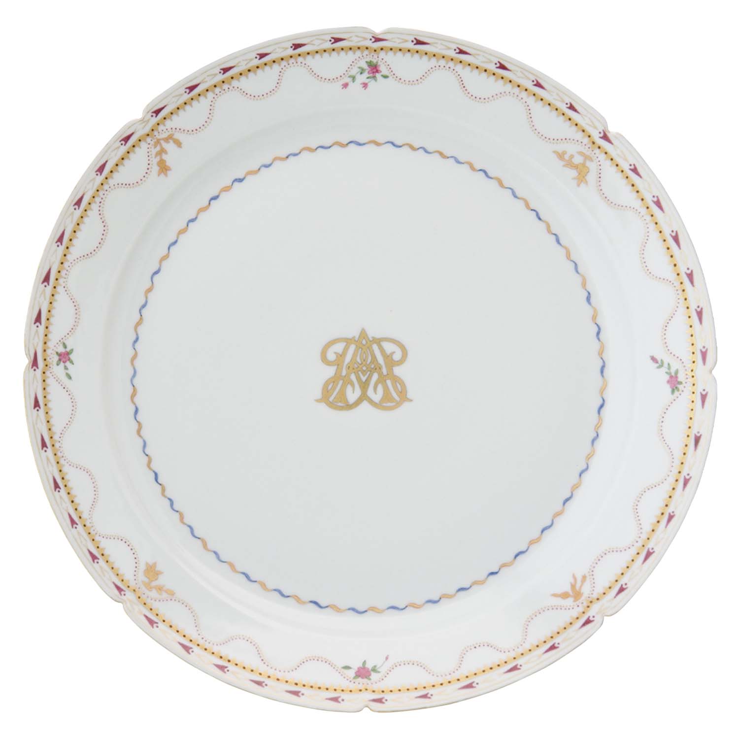 de Gournay Queen Anne dinner plate with gold monogram and swag border, 11 inch