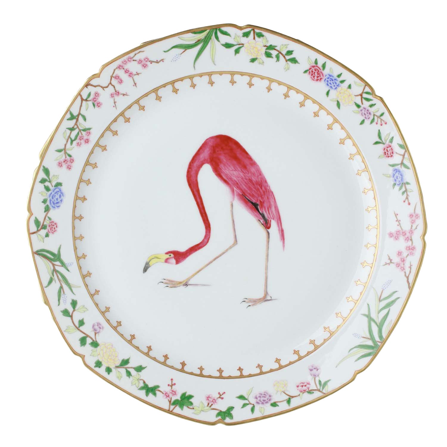 de Gournay Flora and Fauna dinner plate with flamingo, 11 inch