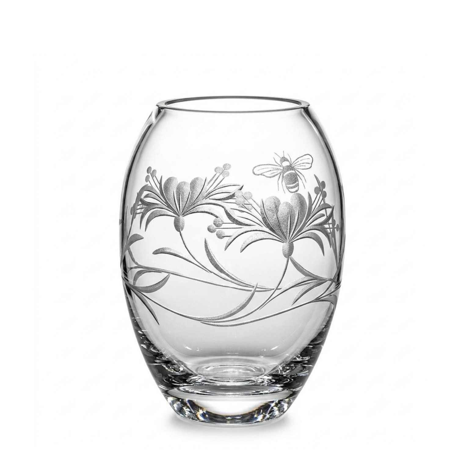 Royal Scot Crystal Bee & Honeysuckle Small Crystal Barrel Vase; 6 inches