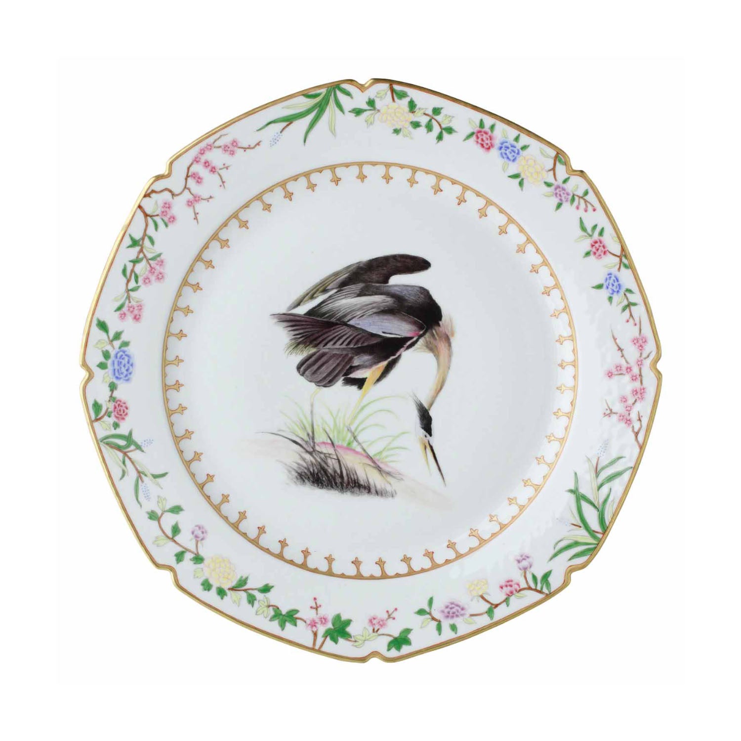 de Gournay Flora and Fauna dessert plate with heron and floral border, 7.5 inch