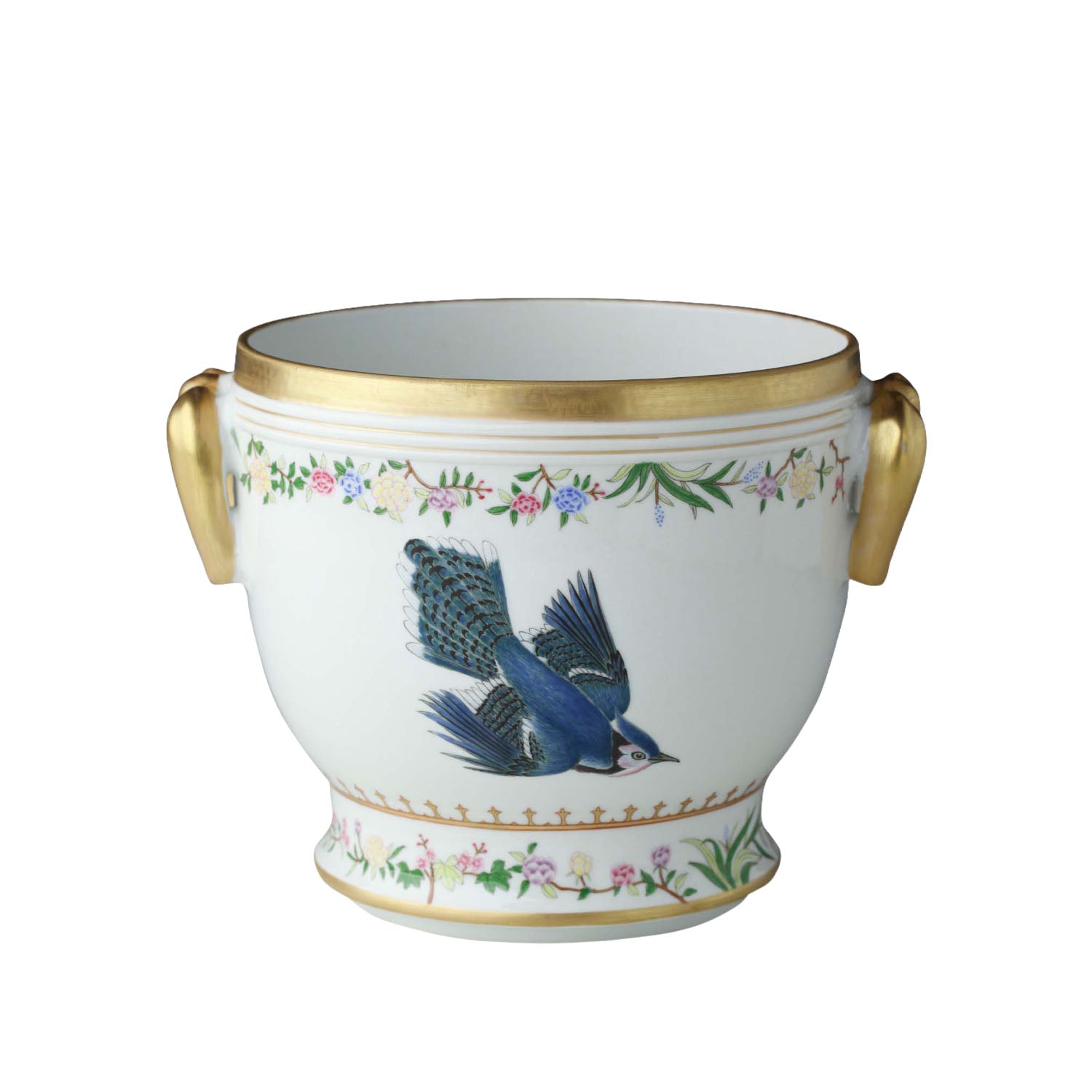 de Gournay Flora and Fauna wine cooler with blue bird and gold handles, 7.5 inch