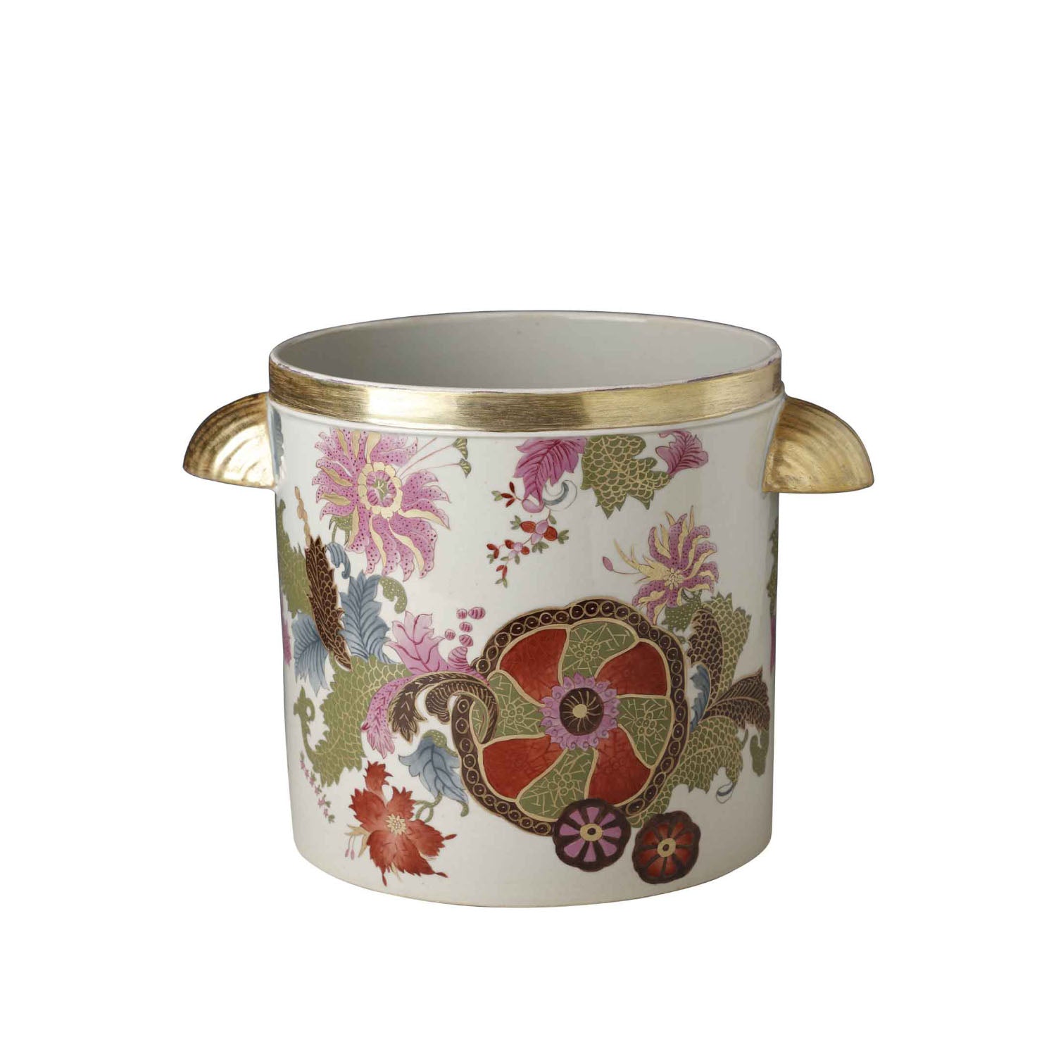 de Gournay Pseudo Tobacco Leaf pink and green wine cooler with gold handles